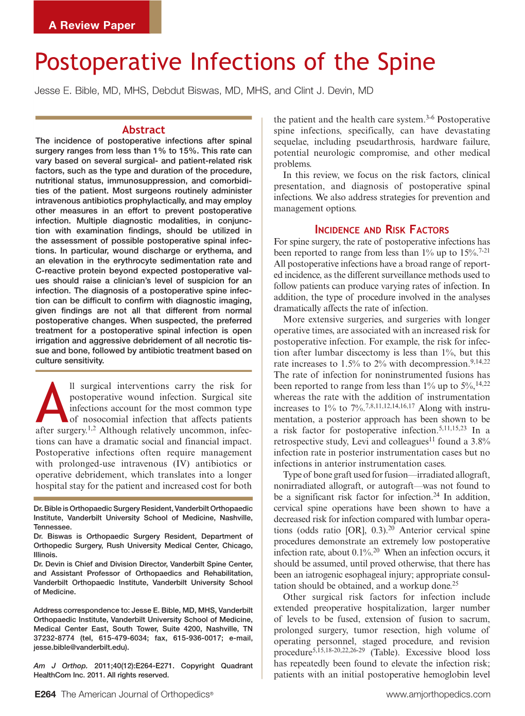 Postoperative Infections of the Spine Jesse E