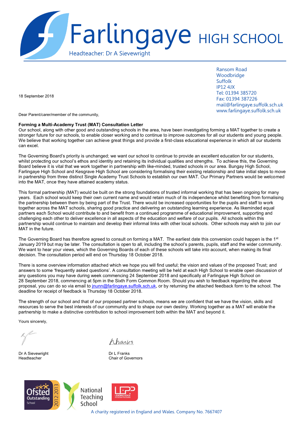 MAT Consultation Letter from Head Teacher to Parents/Carers