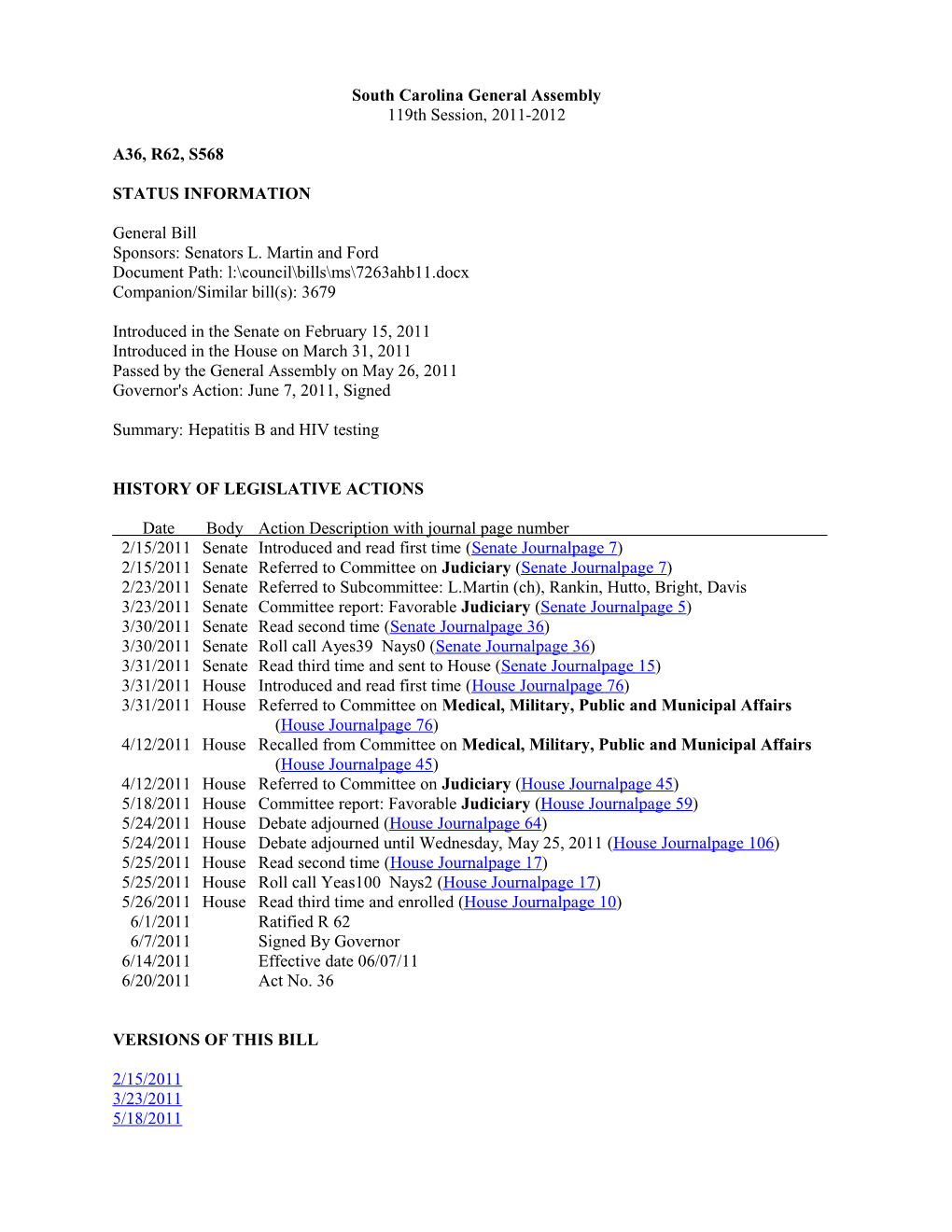 2011-2012 Bill 568: Hepatitis B and HIV Testing - South Carolina Legislature Online