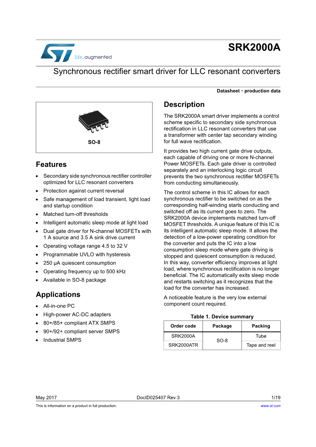 Synchronous Rectifier Smart Driver for LLC Resonant Converters