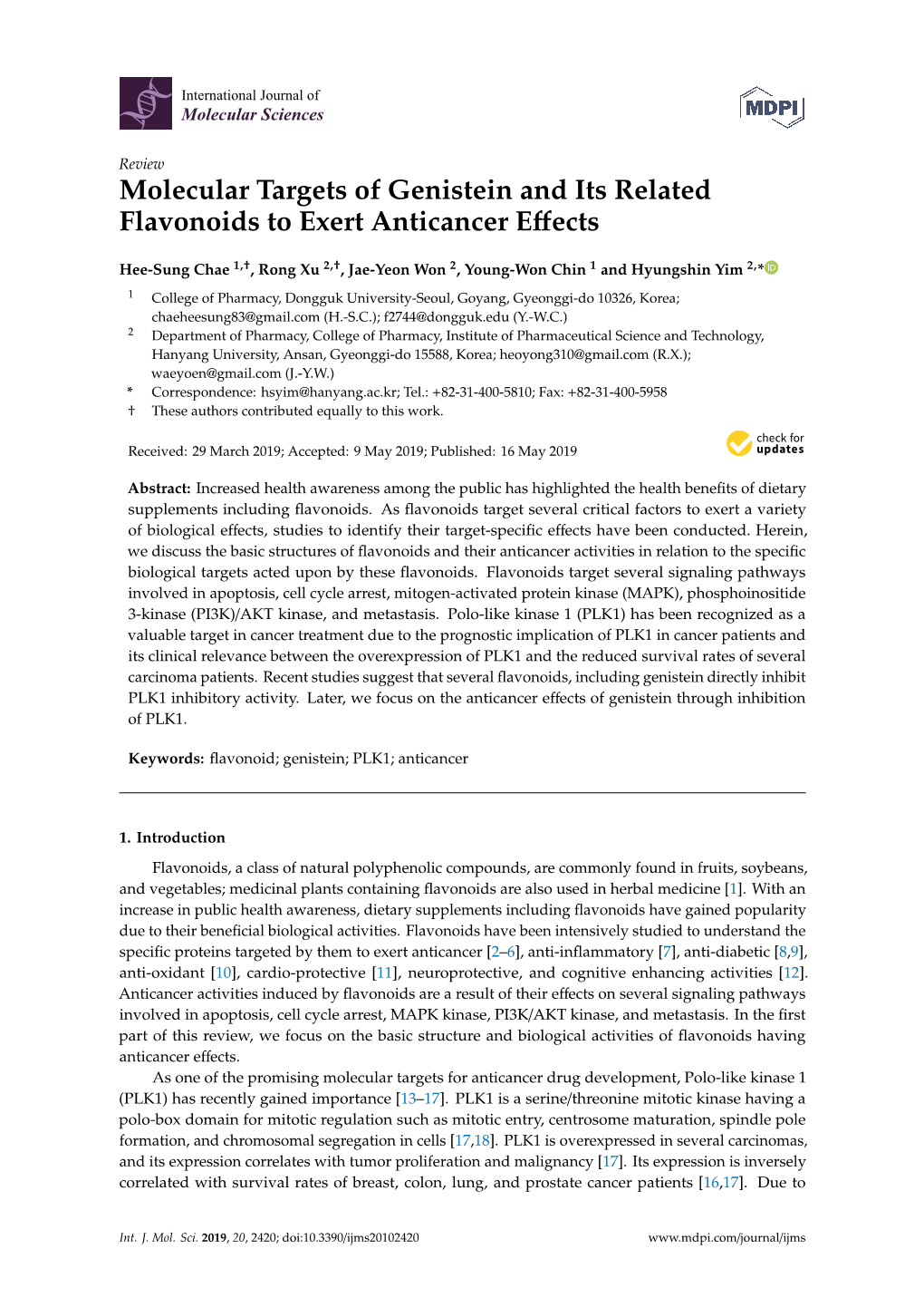 Molecular Targets of Genistein and Its Related Flavonoids to Exert Anticancer Eﬀects