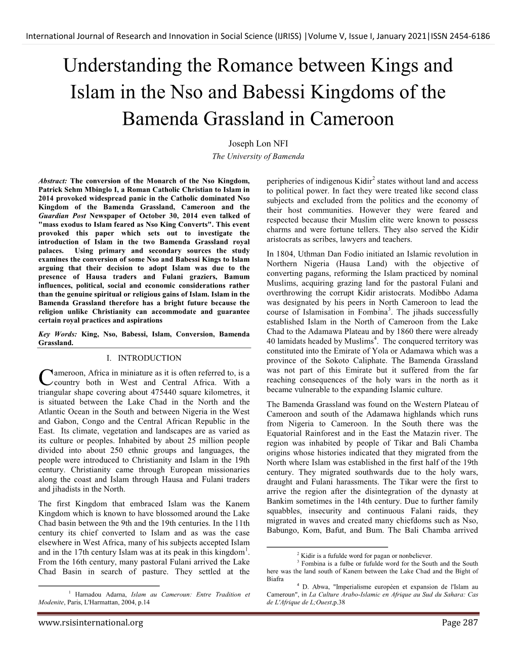 Understanding the Romance Between Kings and Islam in the Nso and Babessi Kingdoms of the Bamenda Grassland in Cameroon