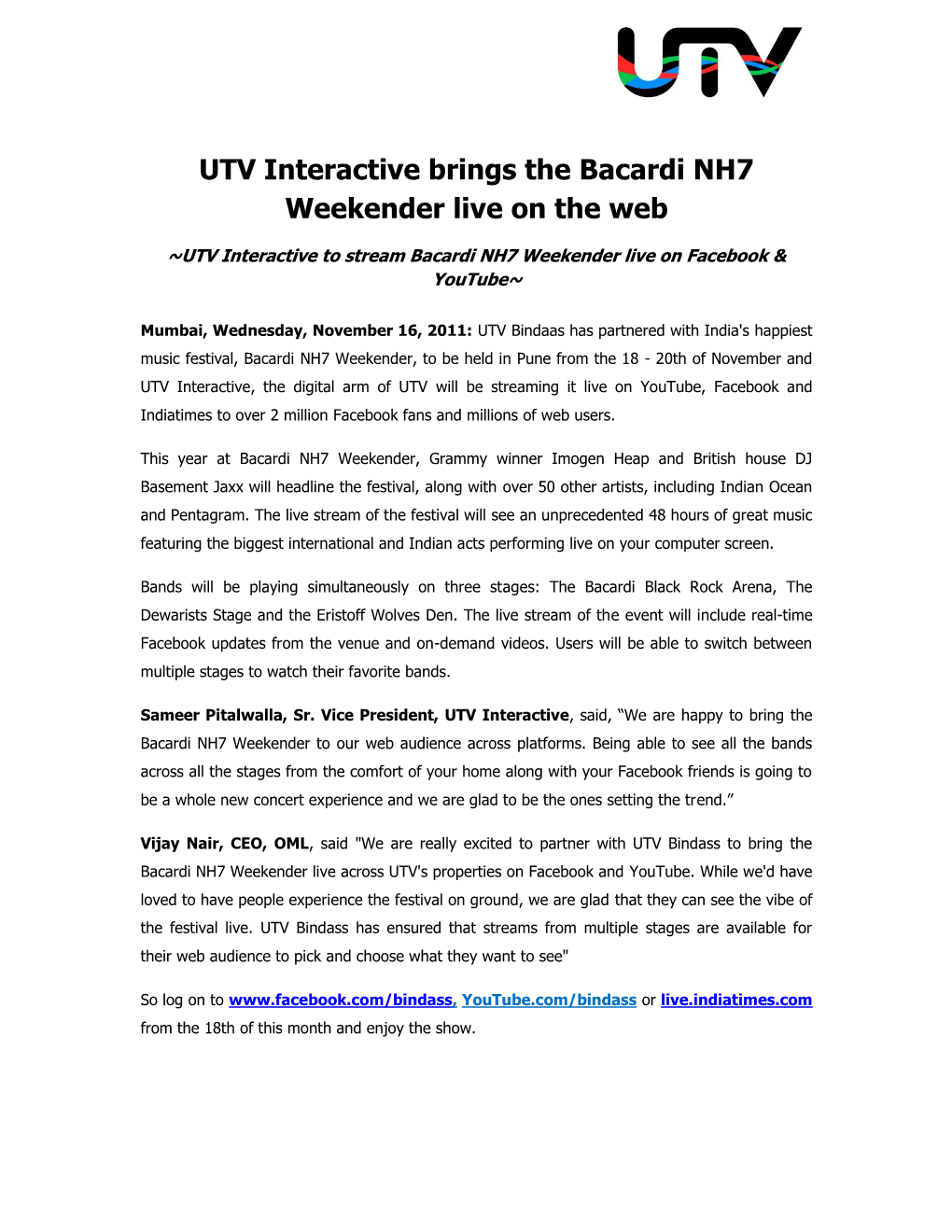 UTV Interactive Brings the Bacardi NH7 Weekender Live on the Web