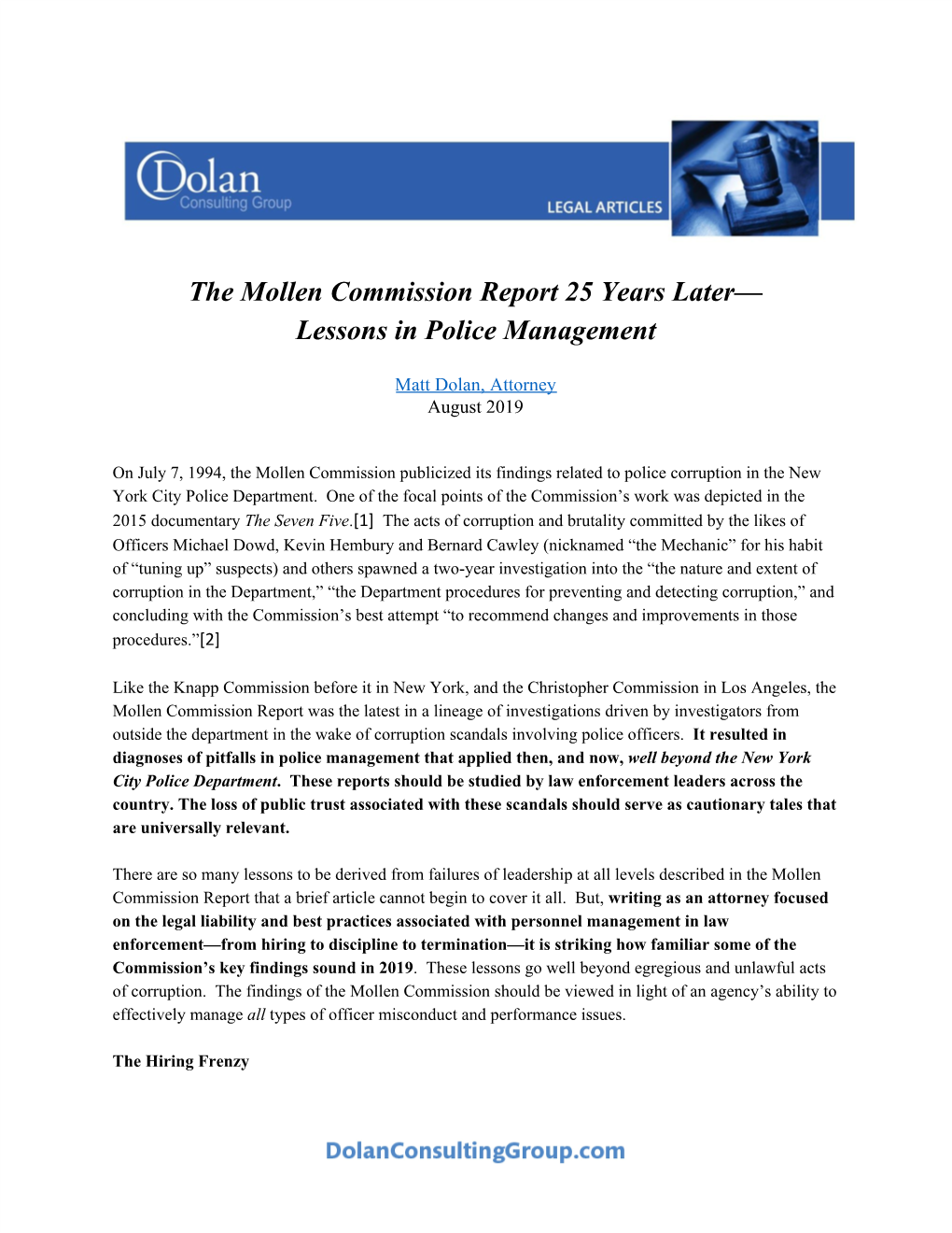 The Mollen Commission Report 25 Years Later— Lessons in Police Management