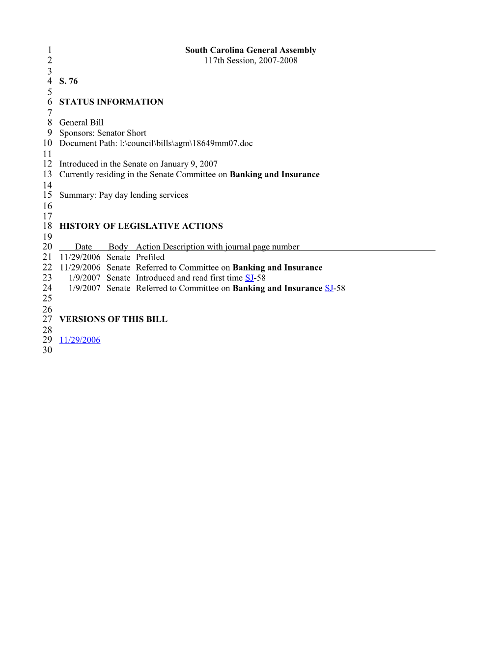 2007-2008 Bill 76: Pay Day Lending Services - South Carolina Legislature Online