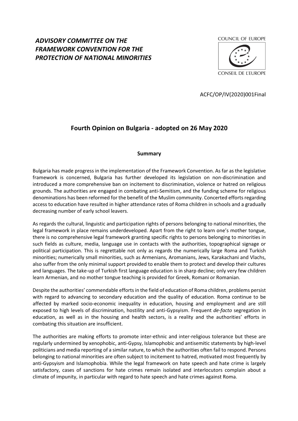 Fourth Opinion on Bulgaria - Adopted on 26 May 2020