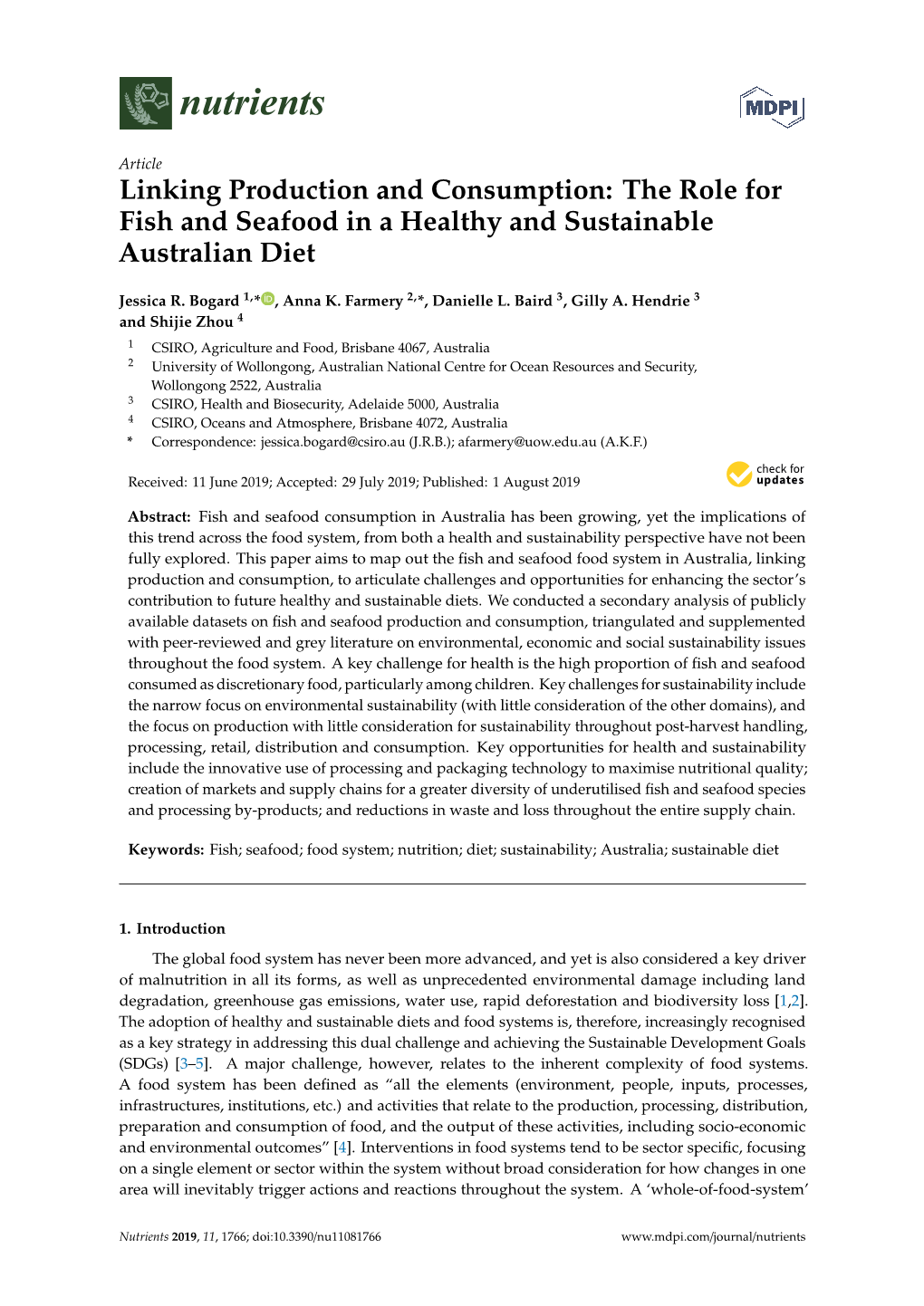 The Role for Fish and Seafood in a Healthy and Sustainable Australian Diet