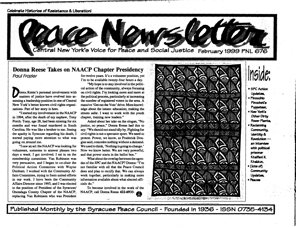 •(Lotsof) . Donna Reese Takes on NAACP Chapter Presidency Published Monthly by the Syracuse Peace Council