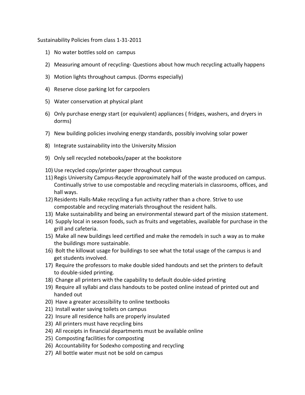 Sustainability Policies from Class 1-31-2011