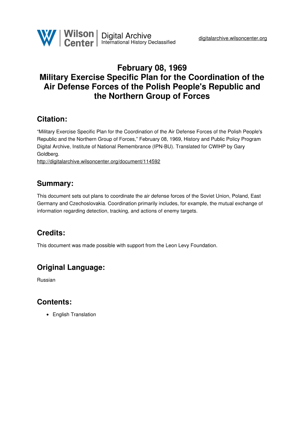 February 08, 1969 Military Exercise Specific Plan for the Coordination of the Air Defense Forces of the Polish People's Republic and the Northern Group of Forces