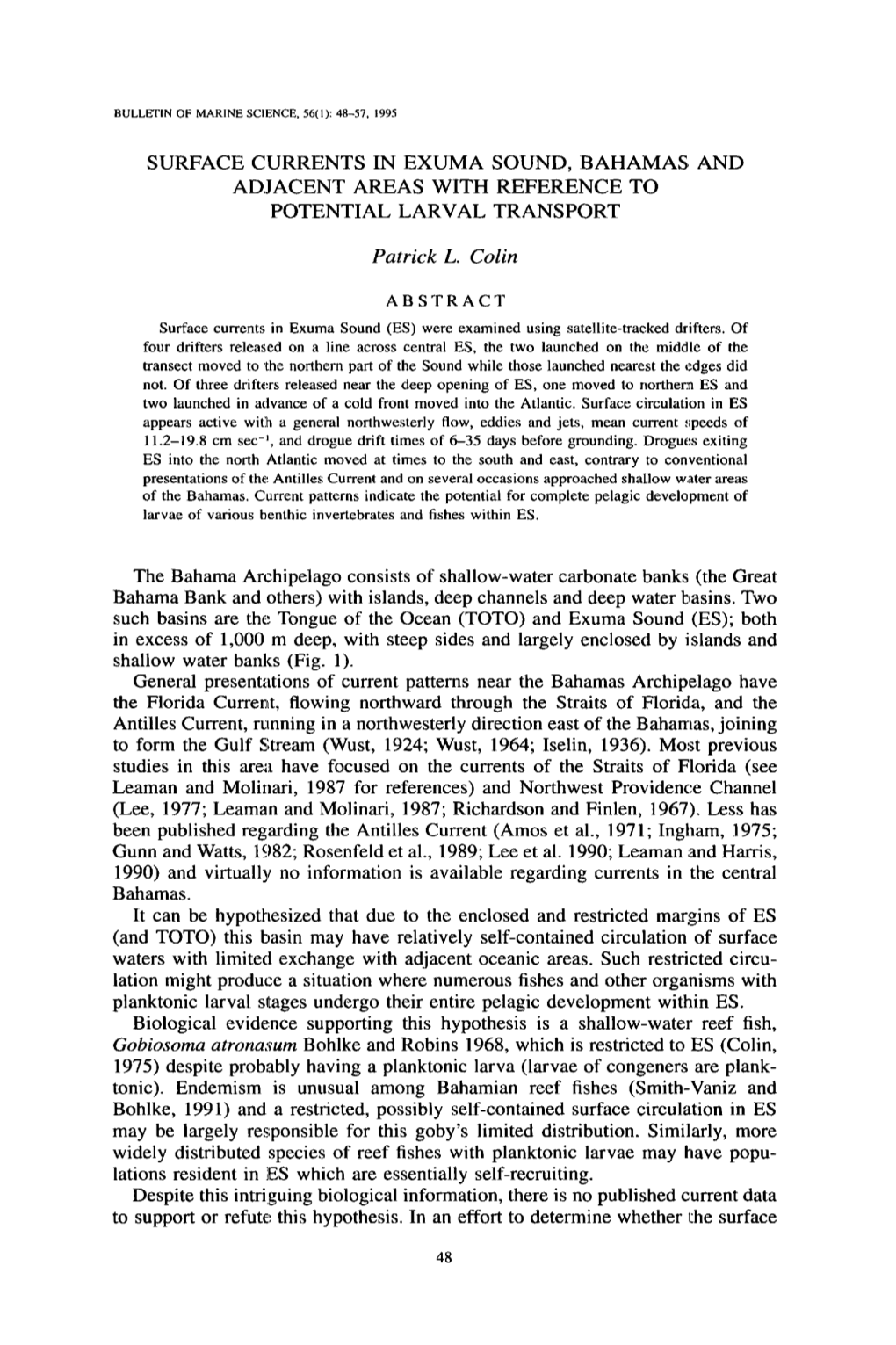 Surface Currents in Exuma Sound, Bahamas and Adjacent Areas with Reference to Potential Larval Transport