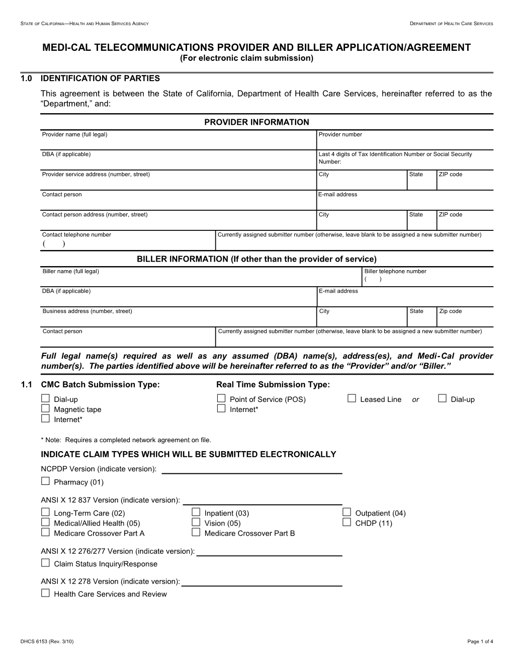 Form: Medi-Cal Telecommunications Provider and Biller Application/Agreement