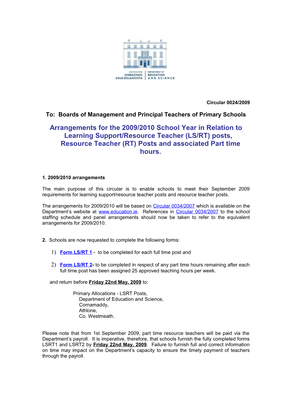 Circular 0024/2009 - Arrangements for the 2009/2010 School Year in Relation to Learning