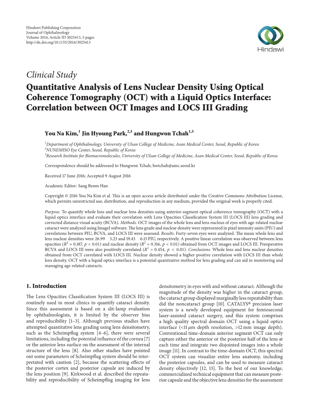 Quantitative Analysis of Lens Nuclear Density Using Optical Coherence Tomography (OCT) with a Liquid Optics Interface: Correlation Between OCT Images and LOCS III Grading