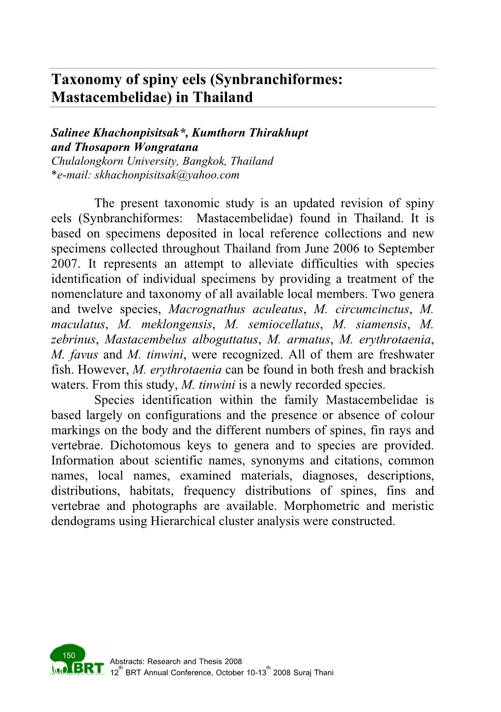 Taxonomy of Spiny Eels (Synbranchiformes: Mastacembelidae) in Thailand