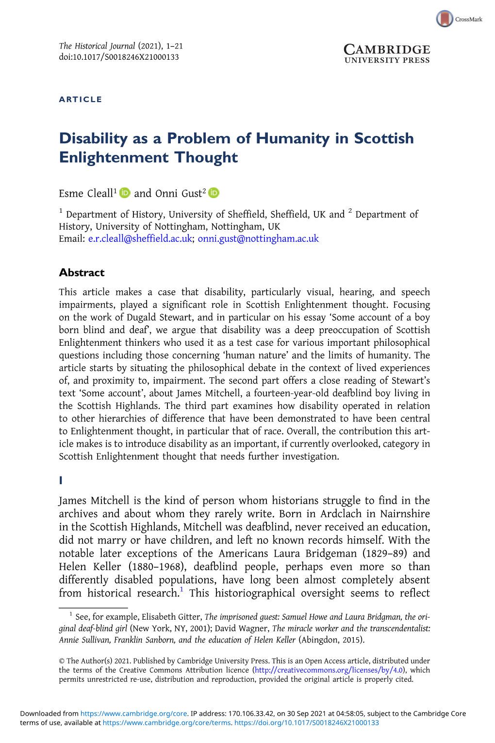 Disability As a Problem of Humanity in Scottish Enlightenment Thought