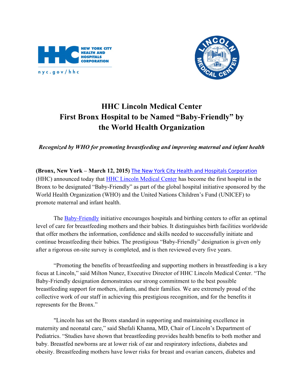 HHC Lincoln Medical Center First Bronx Hospital to Be Named “Baby-Friendly” by the World Health Organization