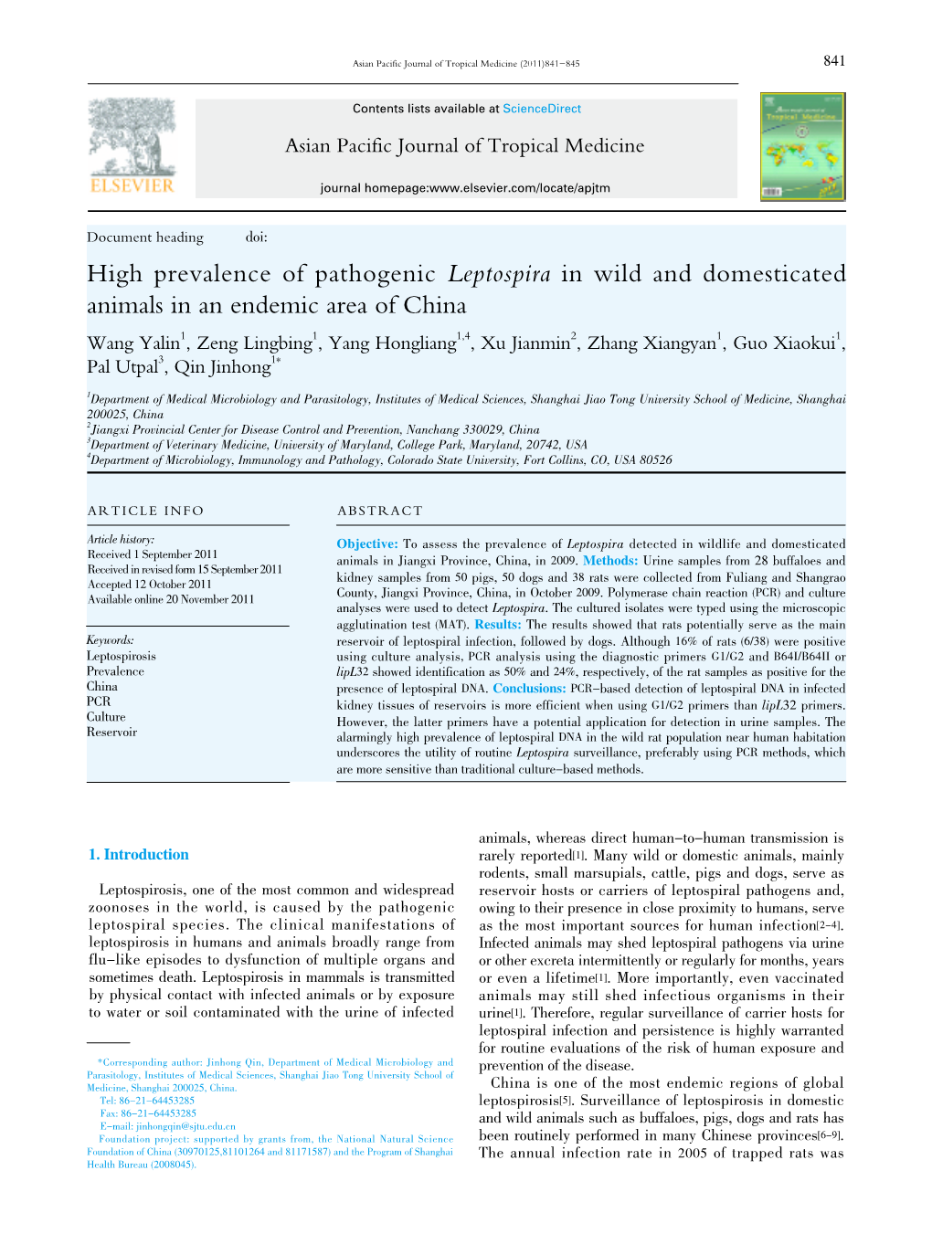 High Prevalence of Pathogenic Leptospira in Wild