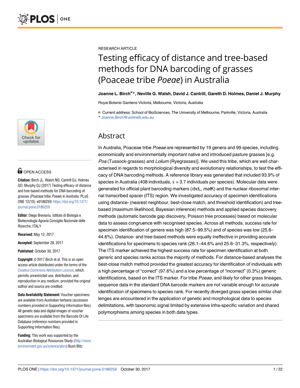 Testing Efficacy of Distance and Tree-Based Methods for DNA Barcoding of Grasses (Poaceae Tribe Poeae) in Australia