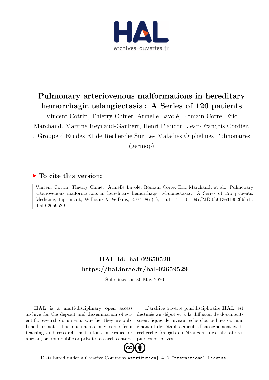 A Series of 126 Patients Vincent Cottin, Thierry Chinet, Armelle Lavolé, Romain Corre, Eric Marchand, Martine Reynaud-Gaubert, Henri Plauchu, Jean-François Cordier