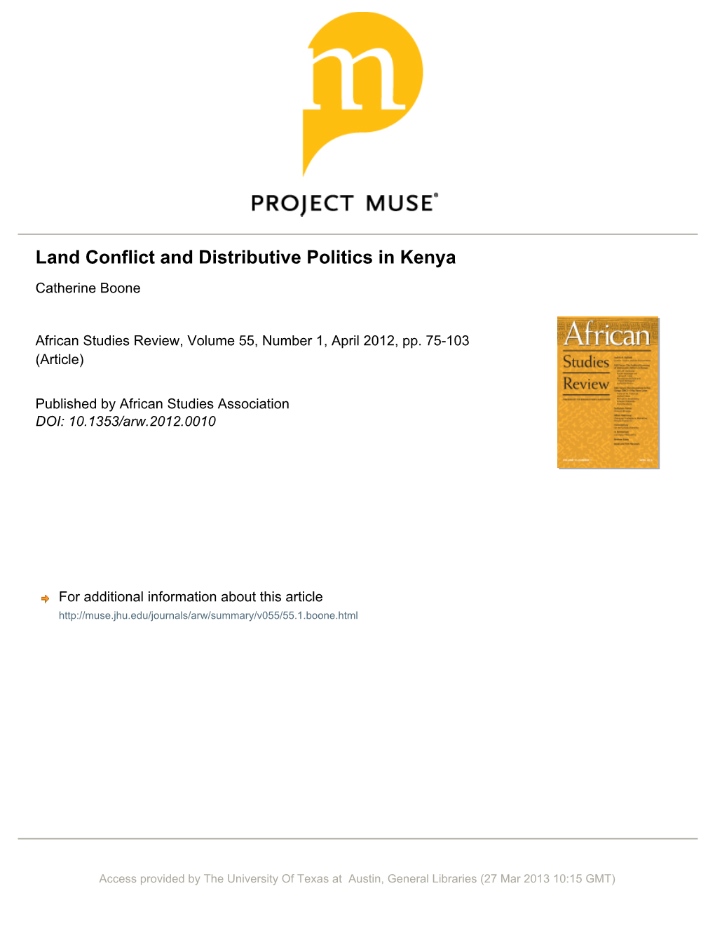 Land Conflict and Distributive Politics in Kenya