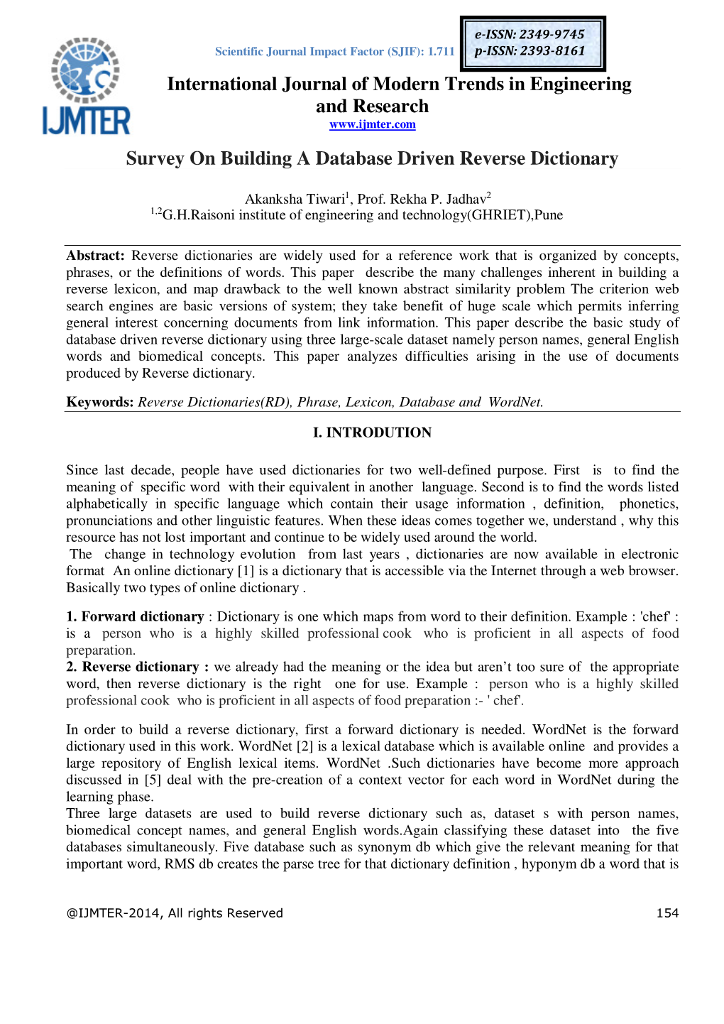Survey on Building a Database Driven Reverse Dictionary