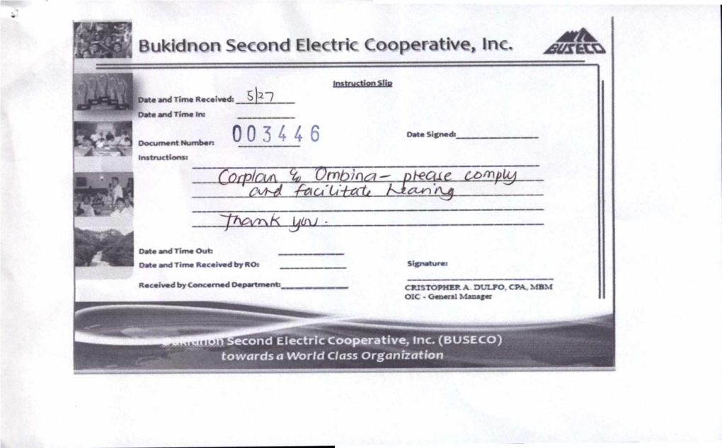Bukidnon Second Electric Cooperative, Inc. Sk-7 P'coak Yn/