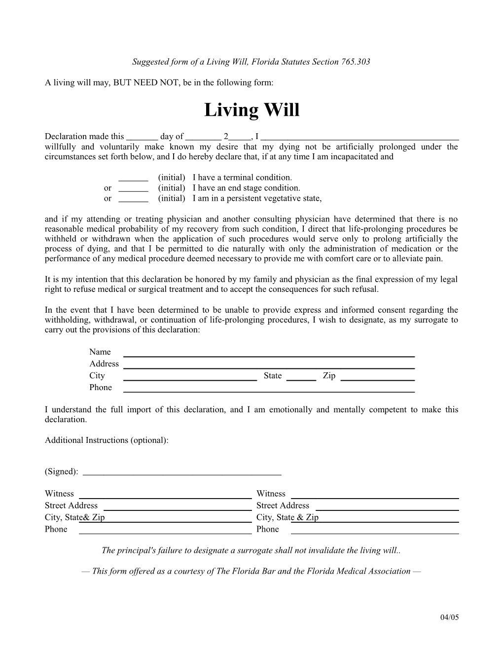 Suggested Form of a Living Will, Florida Statutes Section 765