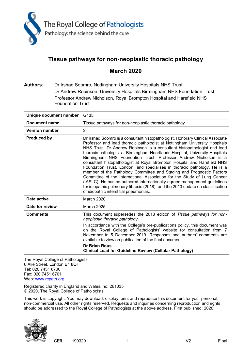 Tissue Pathways for Non-Neoplastic Thoracic Pathology March 2020