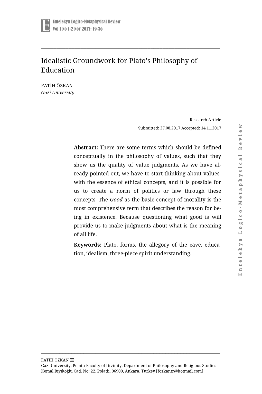 Idealistic Groundwork for Plato's Philosophy of Education