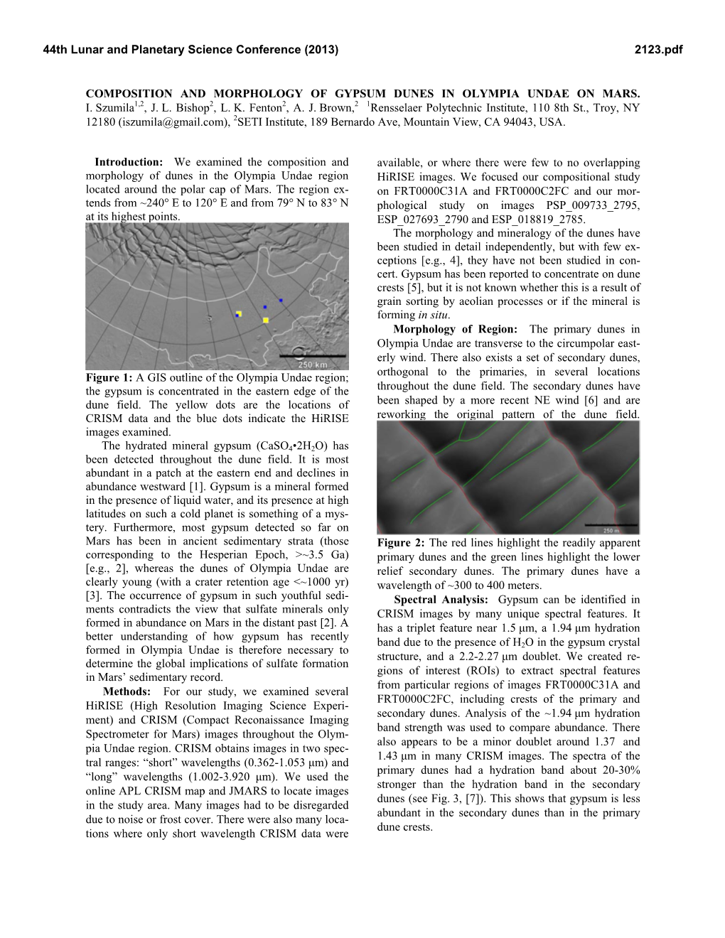 Composition and Morphology of Gypsum Dunes in Olympia Undae on Mars