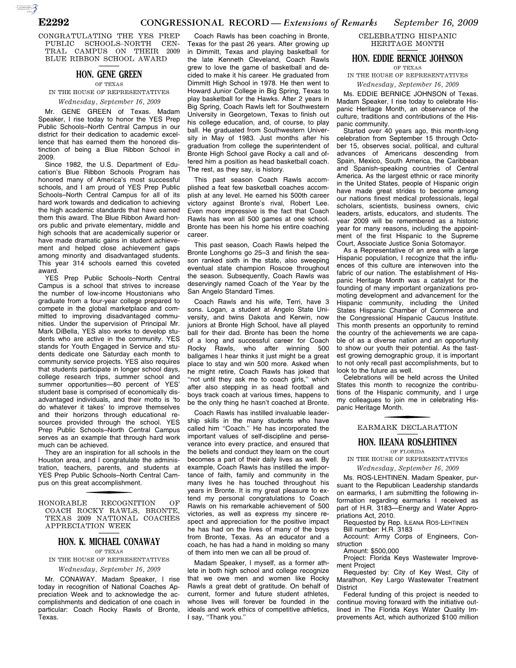 CONGRESSIONAL RECORD— Extensions of Remarks E2292 HON. GENE GREEN HON. K. MICHAEL CONAWAY HON. EDDIE BERNICE JOHNSON HON. ILEA