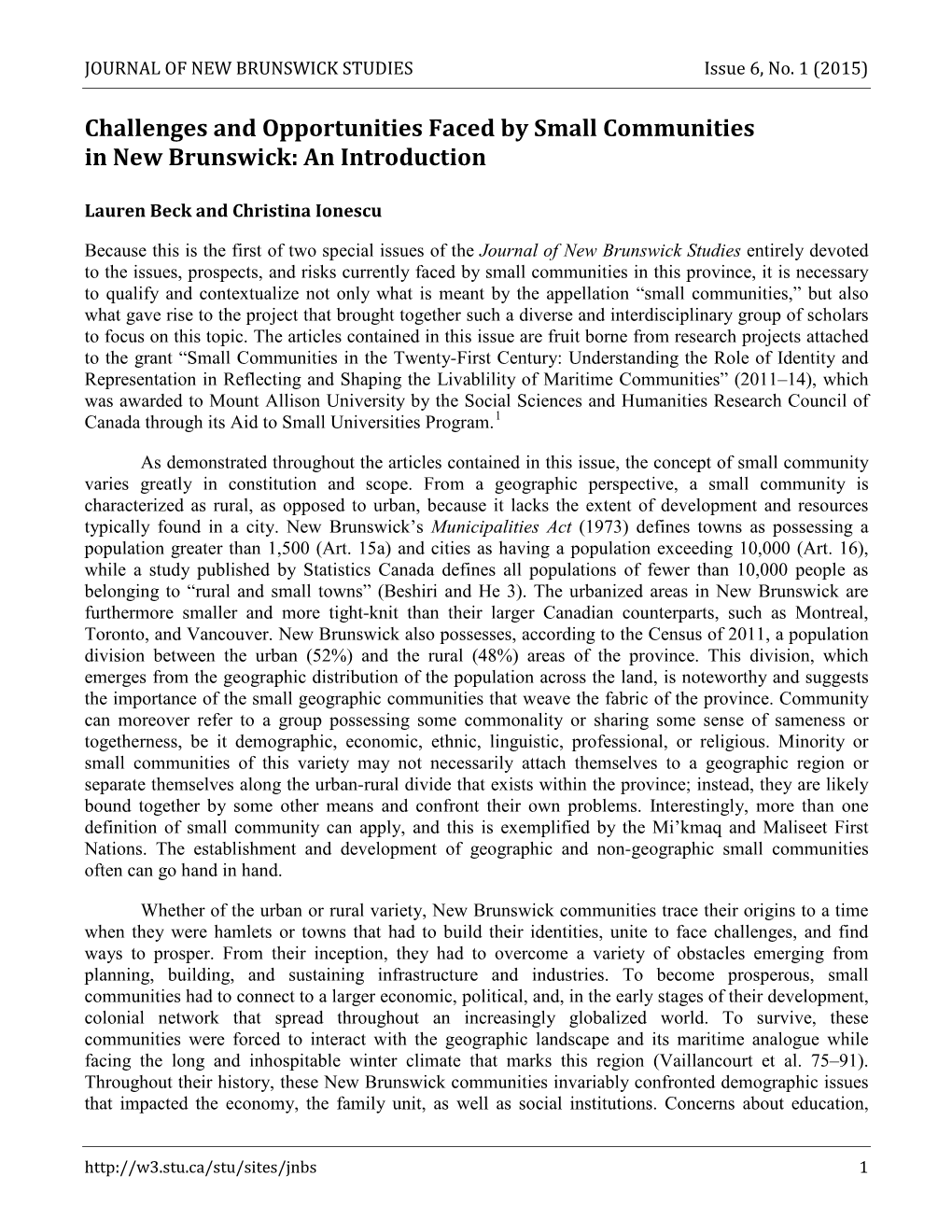 Challenges and Opportunities Faced by Small Communities in New Brunswick: an Introduction