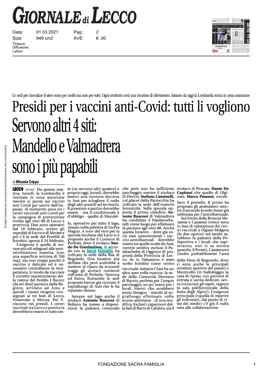 Mandello E Valmadrera Sono I Più Papabili