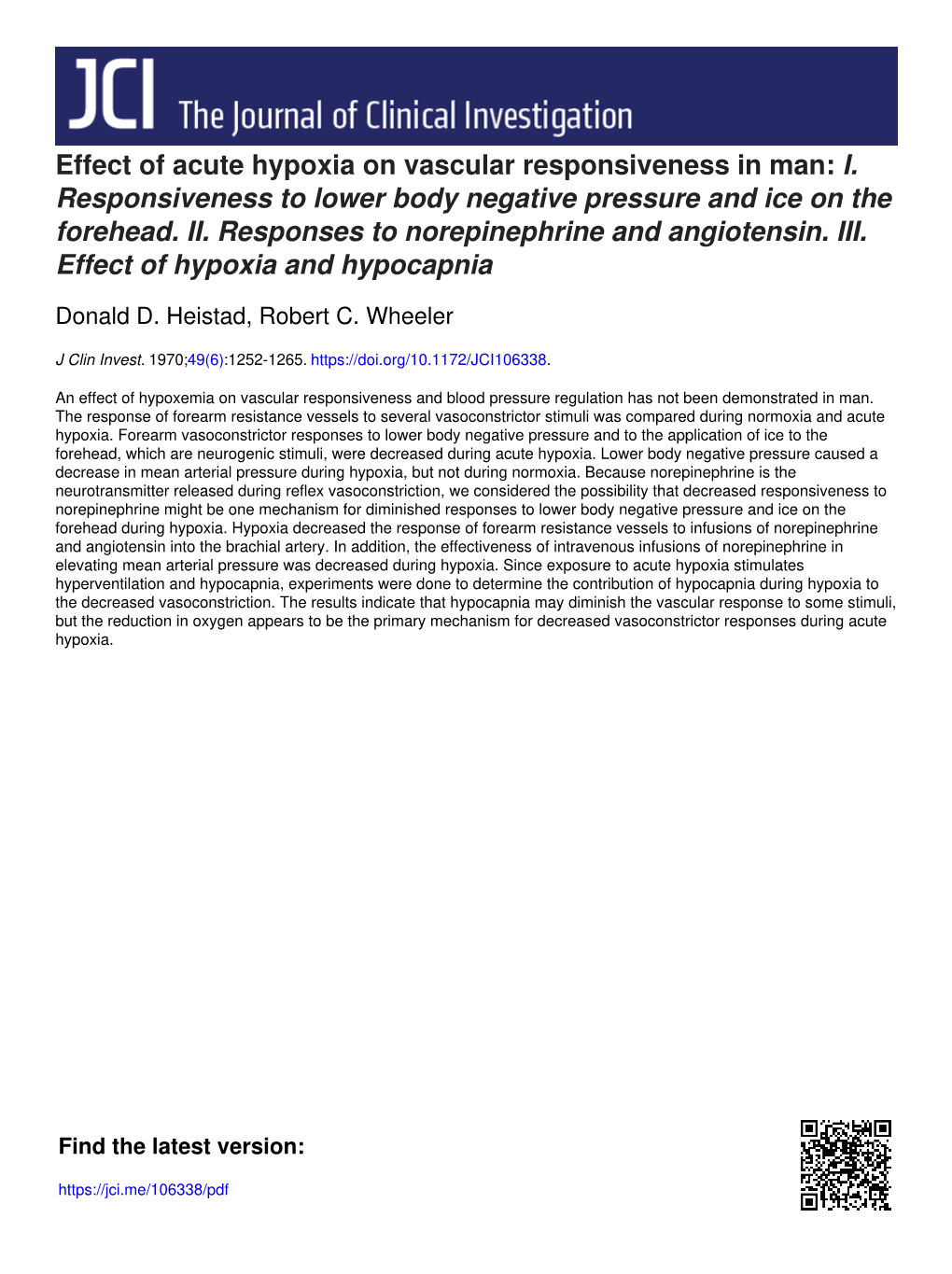 Effect of Acute Hypoxia on Vascular Responsiveness in Man: I