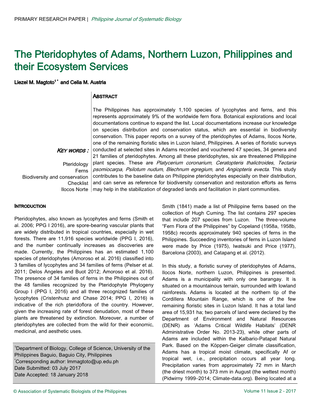 The Pteridophytes of Adams, Northern Luzon, Philippines and Their Ecosystem Services