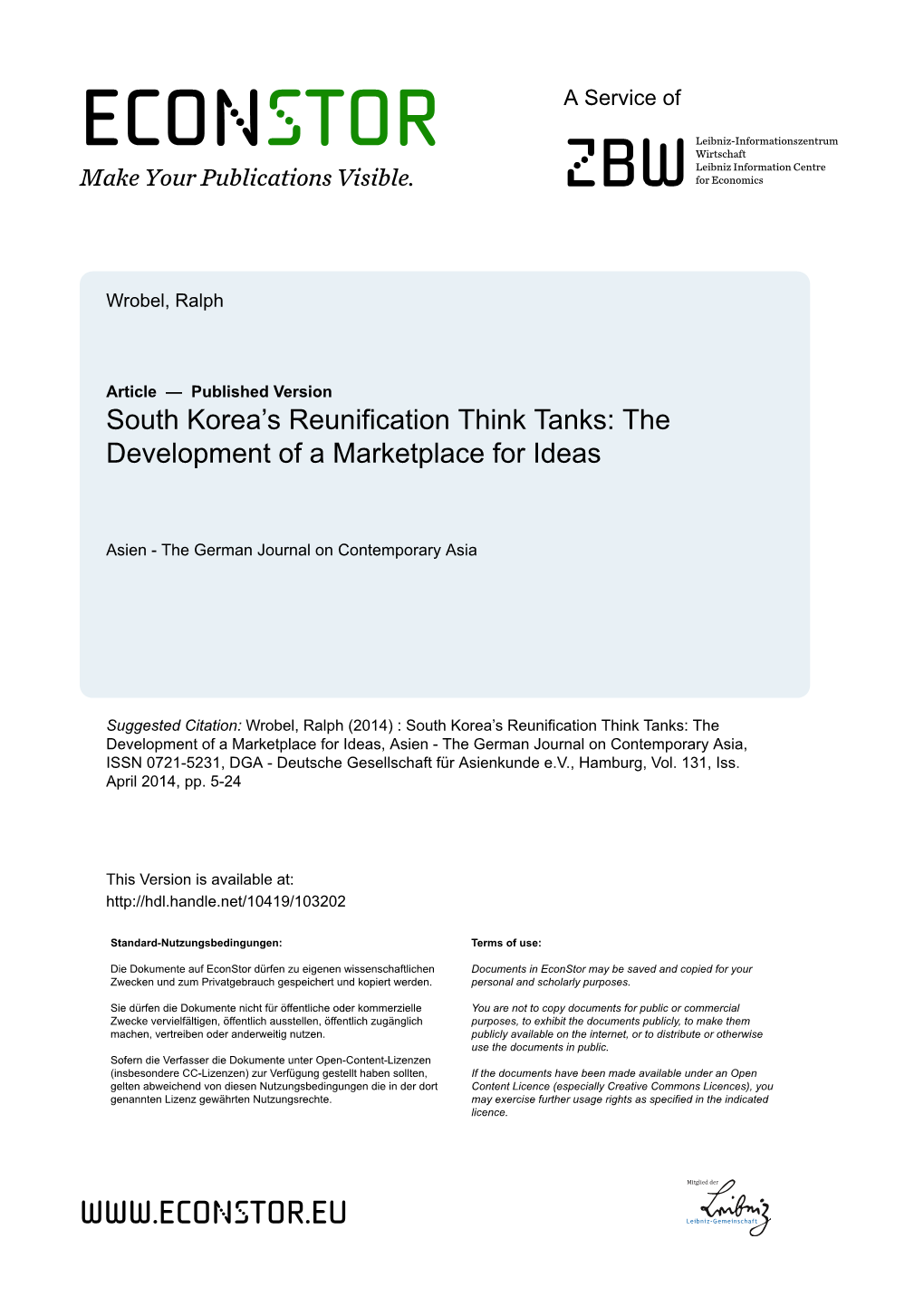 South Korea's Reunification Think Tanks