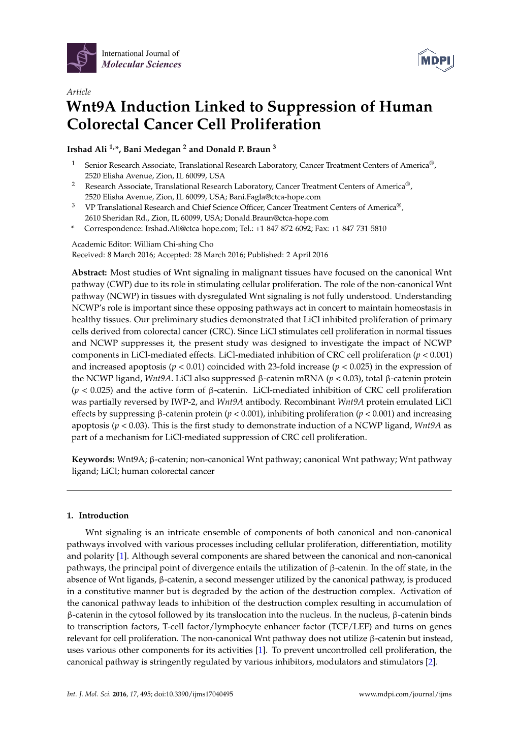 Wnt9a Induction Linked to Suppression of Human Colorectal Cancer Cell Proliferation