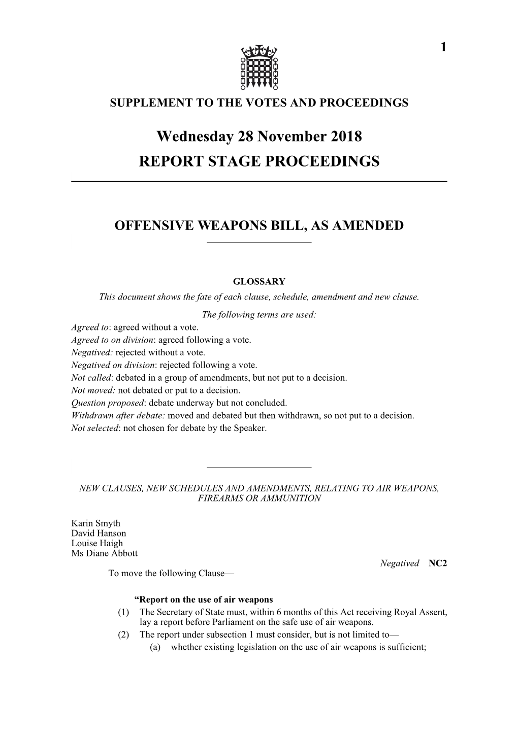 Wednesday 28 November 2018 REPORT STAGE PROCEEDINGS