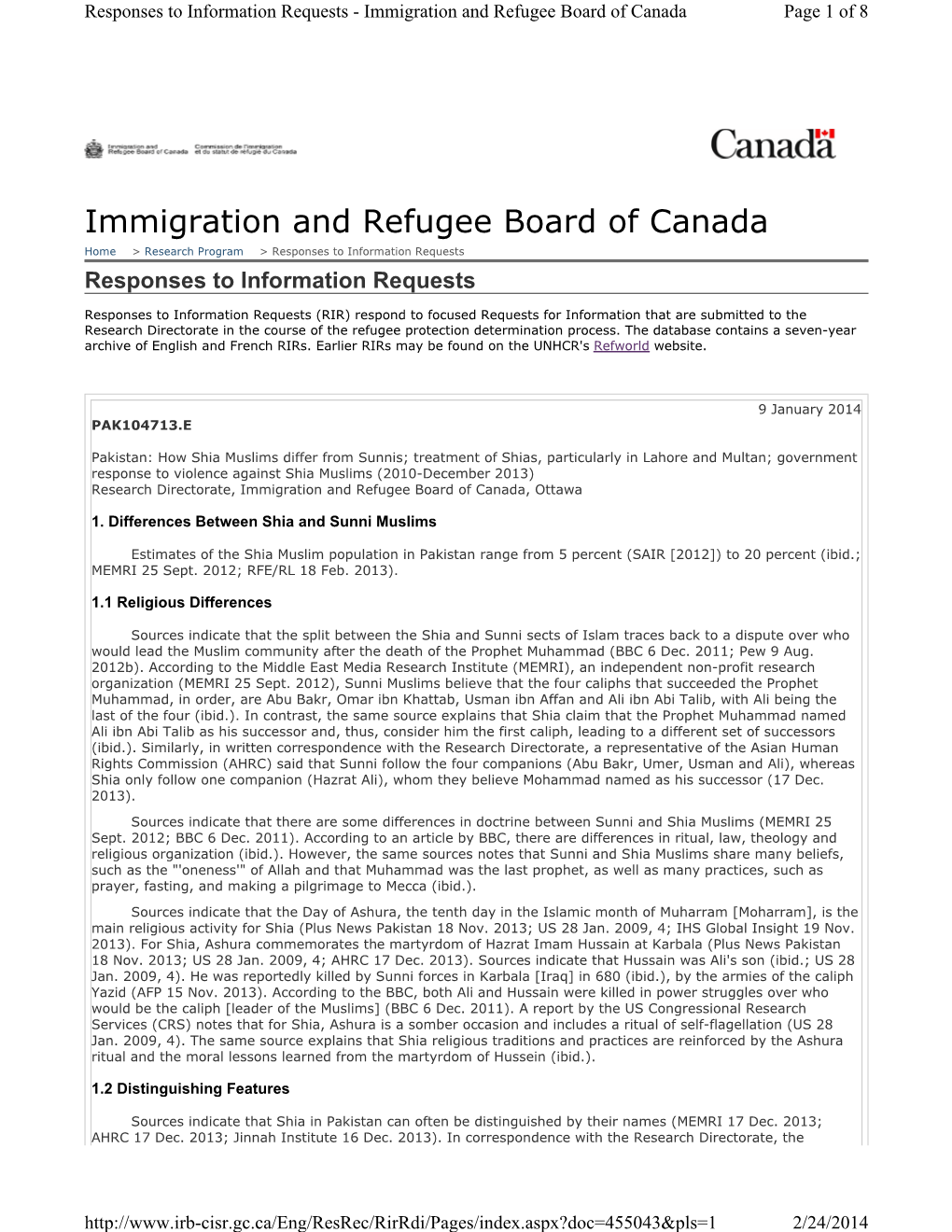Immigration and Refugee Board of Canada Page 1 of 8