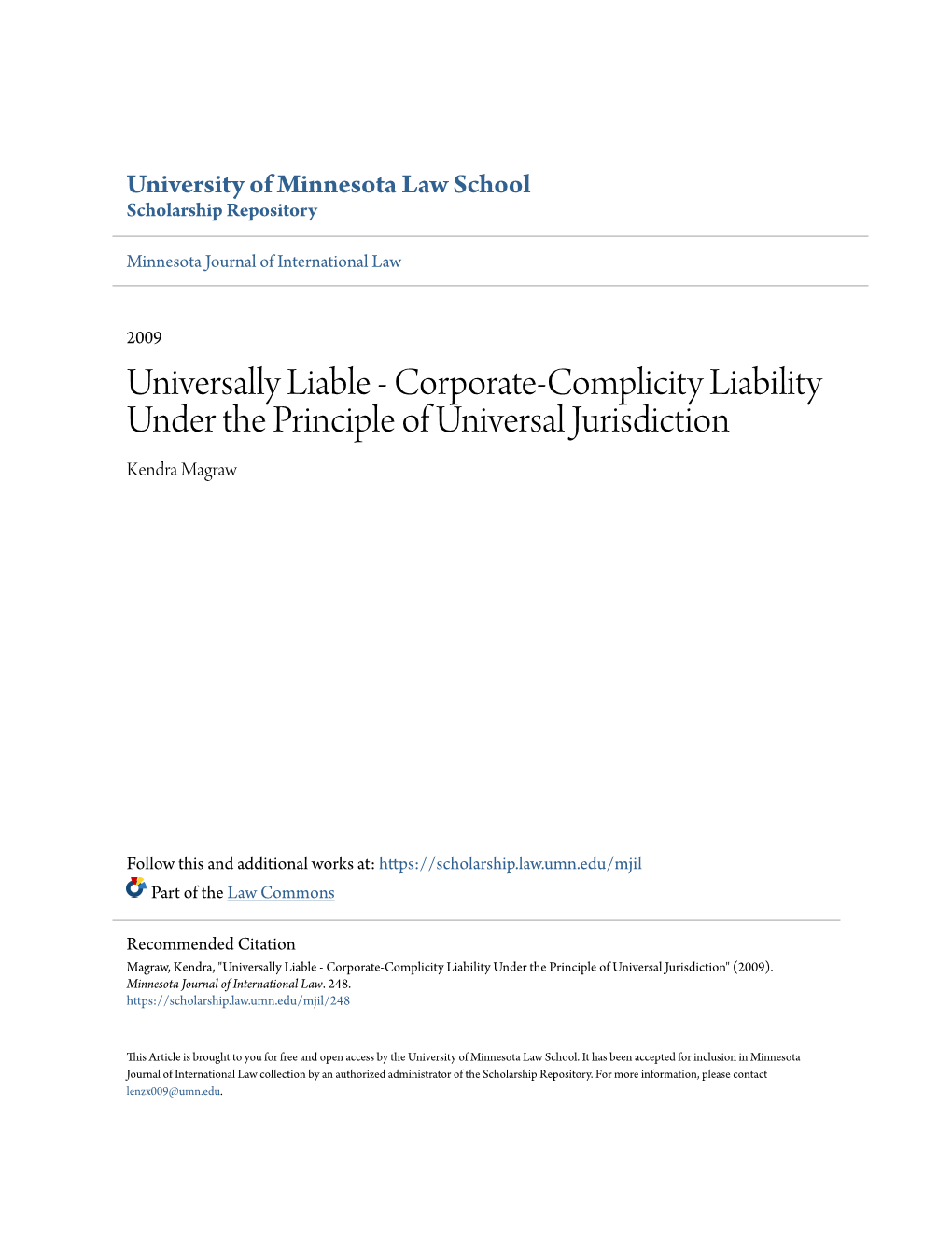 Corporate-Complicity Liability Under the Principle of Universal Jurisdiction Kendra Magraw