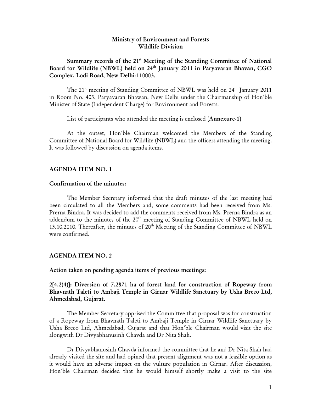 1 Ministry of Environment and Forests Wildlife Division Summary Records