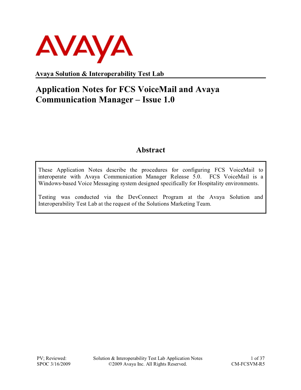 Application Notes for FCS Voicemail and Avaya Communication Manager – Issue 1.0