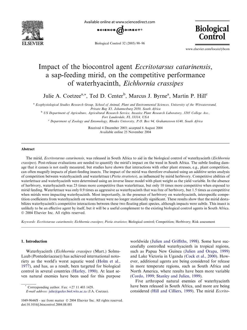 Impact of the Biocontrol Agent Eccritotarsus Catarinensis, a Sap-Feeding Mirid, on the Competitive Performance of Waterhyacinth, Eichhornia Crassipes