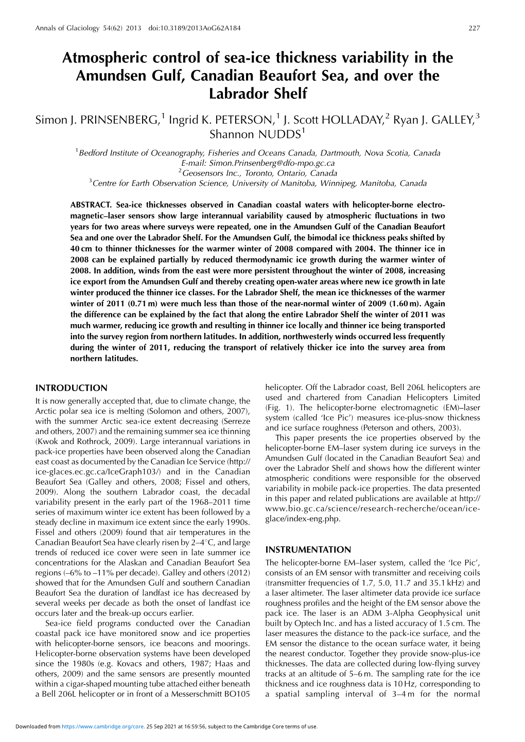 Atmospheric Control of Sea-Ice Thickness Variability in the Amundsen Gulf, Canadian Beaufort Sea, and Over the Labrador Shelf