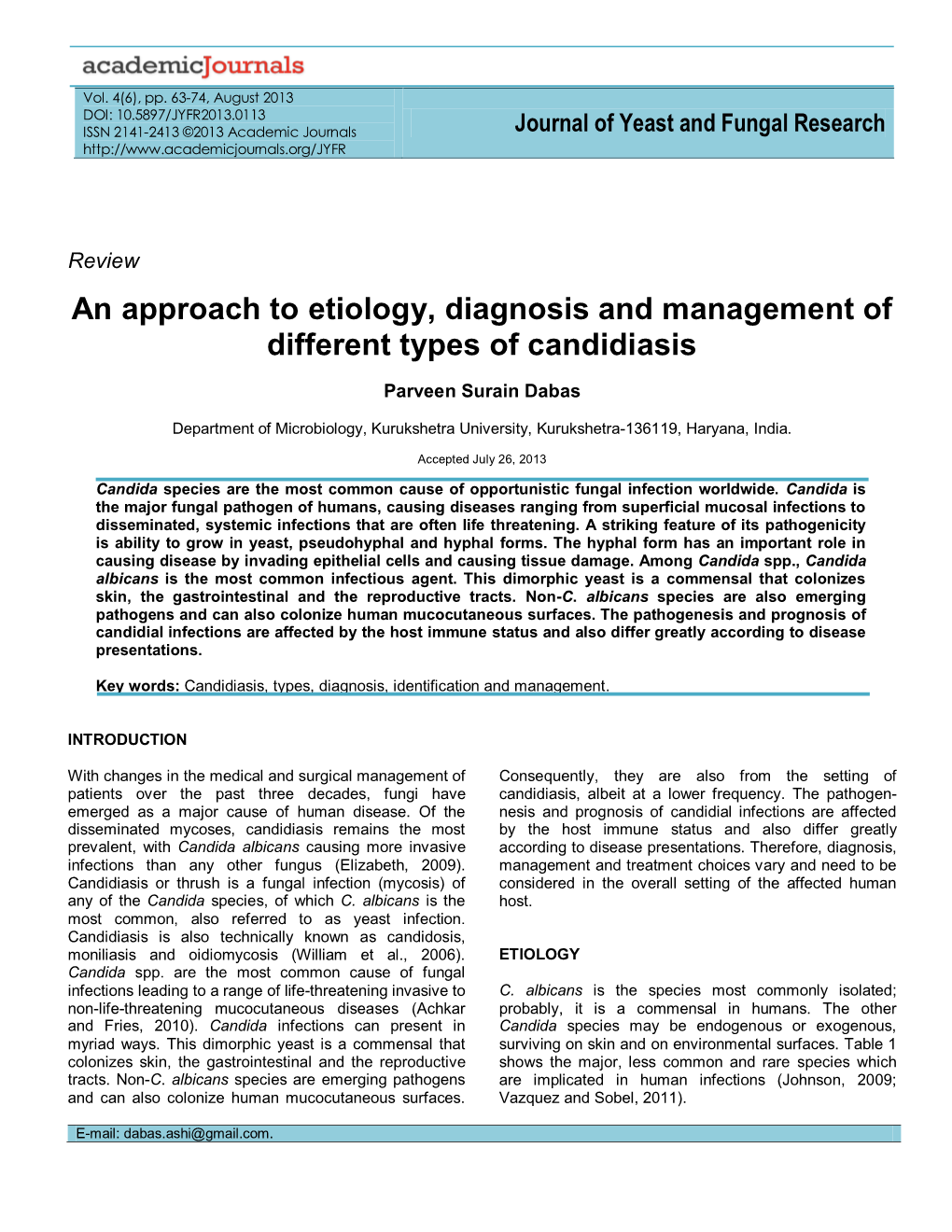 An Approach to Etiology, Diagnosis and Management of Different Types of Candidiasis