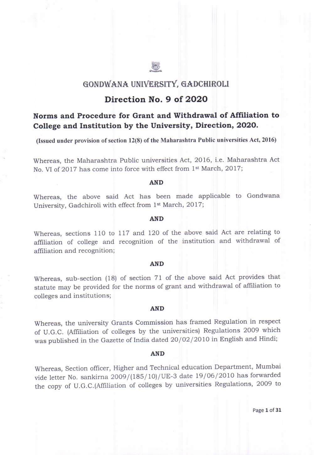 Direction No. 9 of 2O2O Norms and Procedure for Grant and Withdrawal of Affiliation to College and Institution by the University' Dlrection,2O2O