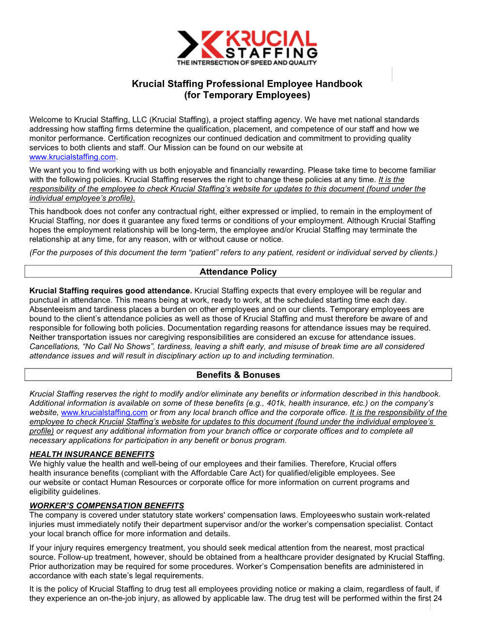 Krucial Staffing Professional Employee Handbook (For Temporary Employees)