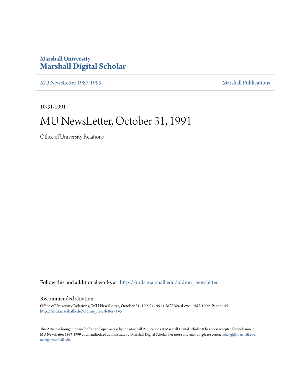 MU Newsletter, October 31, 1991 Office Ofni U Versity Relations