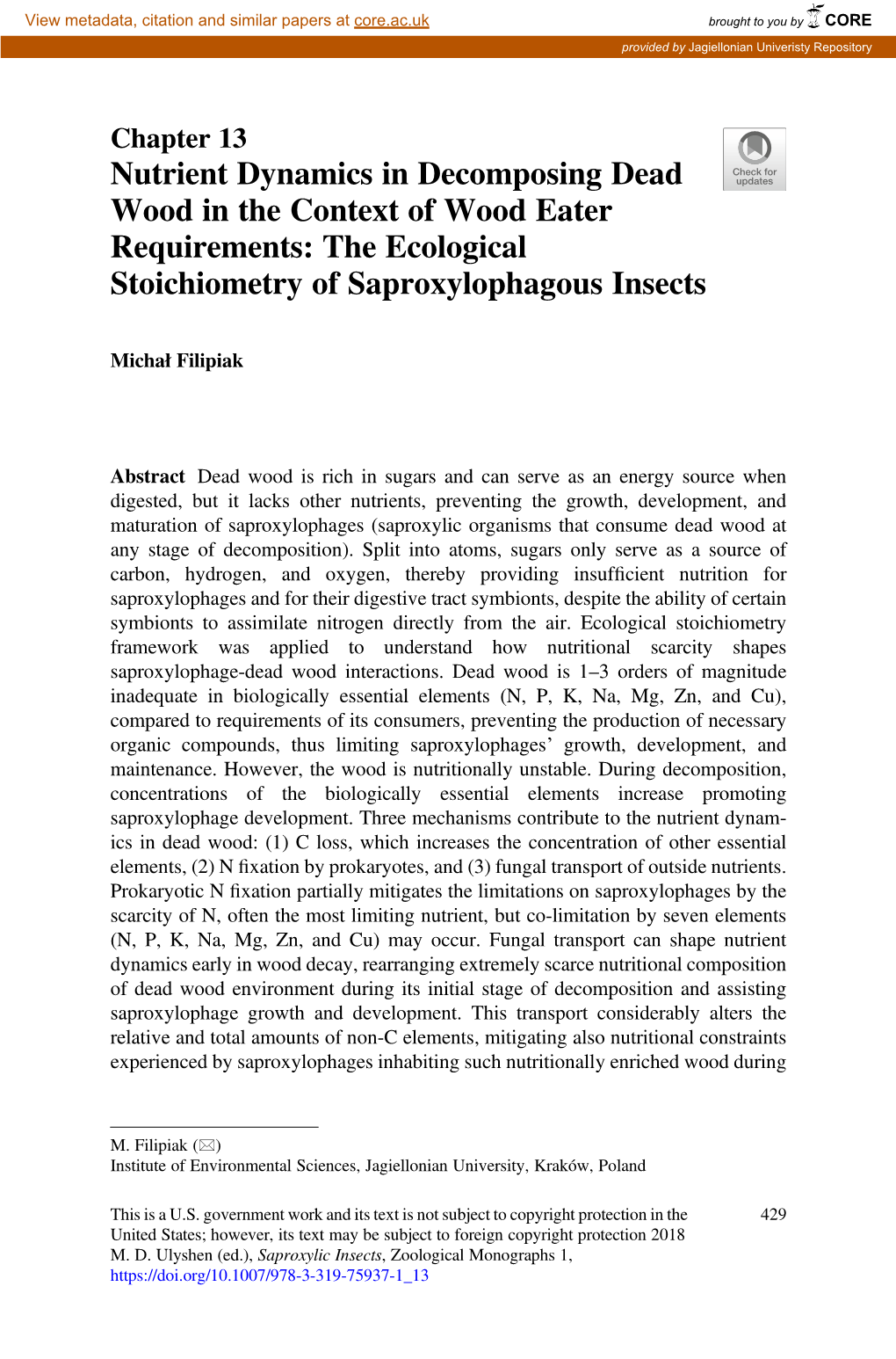 The Ecological Stoichiometry of Saproxylophagous Insects